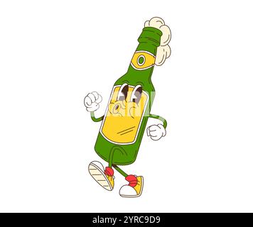 Cartoon-Retro-groovige Bierflaschenfigur. Isolierter Vektor lebhafter Glaskolben mit schaumigem Getränk und sorgloser Stimmung, die eine funky Atmosphäre ausstrahlt. Lustige Alkoholgetränk Persönlichkeit strahlt Freude und verspielten Geist aus Stock Vektor