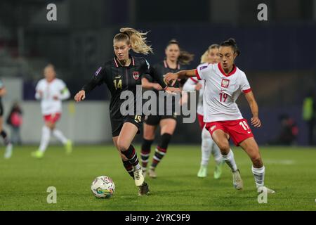 Wien, Österreich. Dezember 2024. Wien, Österreich, 3. Dezember 2024: Marie Therese Hobinger (14 Österreich) und Natalia Padilla (19 Polen) in Aktion während des Qualifikationsspiels der Damen Österreich gegen Polen im Viola Park, Wien Tom Seiss/SPP (Tom Seiss/SPP) Credit: SPP Sport Press Photo. /Alamy Live News Stockfoto