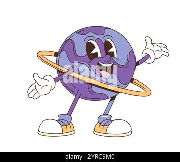Cartoon Retro groovige Galaxie Planet Charakter. Isolierte Vektor fröhliche Saturn-Raumfigur mit einem breiten Lächeln, die fröhlich winkt. Lila Kugel, die von einem Ring umgeben ist, trägt trendige Hippie-Sneakers Stock Vektor