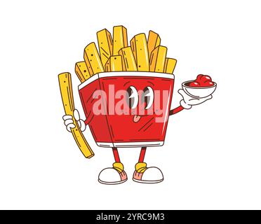 Cartoon Retro groovige Pommes Frites Fast Food Charakter mit Happy Lächeln, Vektor Emoji. Groovige Kartoffelfritten mit lustigem Gesicht, Ketchup-Dip-Sauce und leckerer Zunge für die Fastfood-Kindermenüfigur Stock Vektor