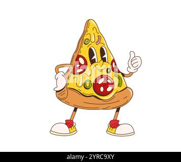 Cartoon Retro groovige Fast Food Pizza Slice Charakter. Isolierte Vektor-Food-Persönlichkeit mit Peperoni-Topping, Sneakers und funky Cheesy Lächeln, zeigt Daumen nach oben Geste, bringt Geschmack und Spaß auf die Party Stock Vektor