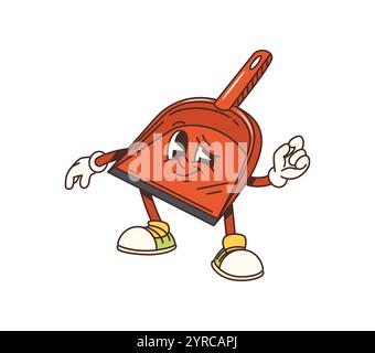 Cartoon Staubpfanne groovige Reinigung, Waschen und Haushaltscharakter versprühen Retro-Vibe mit ausdrucksstarken Augen. Isolierter Vektor-Alltagsreiniger, der Turnschuhe trägt und eine gute Handgeste gibt Stock Vektor