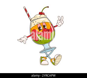 Cartoon-Retro-groovige Cocktailfigur. Isolierter Vektor süßes erfrischendes Getränkeglas mit Schlagsahne, Kirsche und Stroh. Sommerpool oder Beachparty-Getränk, Urlaubsgetränk mit Hippie-Atmosphäre Stock Vektor