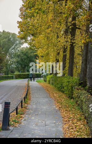 Ein älteres Paar schlendert Hand in Hand durch das Kasteel de Haar, eine atemberaubende mittelalterliche Burg in den Niederlanden. Stockfoto