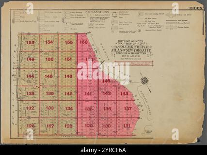 Umriss- und Indexkarte von Band 4, Atlas von New York City, Borough of Manhattan. 110th St. bis 145th St. 1930 Stockfoto