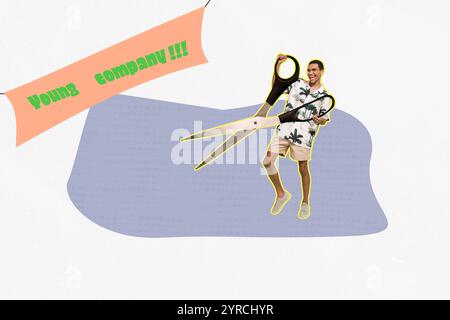 3D Collage Trendkunstwerk Composite Sketch Poster von Banner Junges Unternehmen Feier Anfang Start-up Guy Business Stand halten Schere Stockfoto