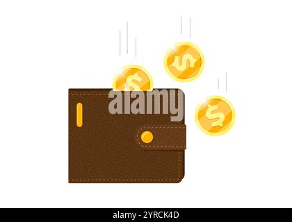 Illustration des Konzepts des Prämienprogramms für Cashback. Goldene Münzen zurück in die Geldbörse. Sammeln Sie Prämienpunkte mit dem Aktionsprogramm, um die Einsparungen zu steigern. Symbolisiert Geldrendite oder Treuevorteile. Isolierte Abbildung Stock Vektor