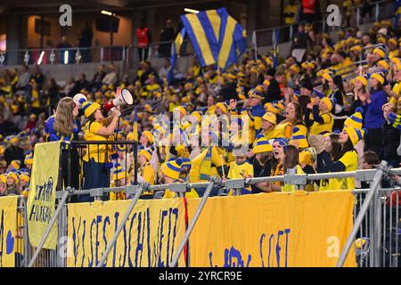 Stockholm, Schweden. Dezember 2024. Stockholm Arena, Stockholm, Schweden, 3. Dezember 2024: Schwedische Fans beim Spiel der europäischen Qualifikation der Frauen am 3. Dezember 2024 zwischen Schweden und Serbien in der Stockholm Arena in Stockholm, Schweden (Peter Sonander/SPP) Credit: SPP Sport Press Photo. /Alamy Live News Stockfoto