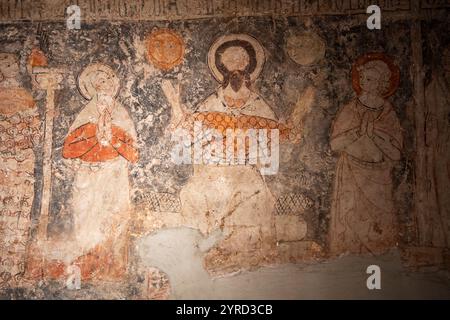 Große Wandmalerei aus dem 14. Jahrhundert, endgültiges Gericht, Kloster San Juan und San Pablo, Peñafiel, Valladolid Museum, Spanien. Stockfoto