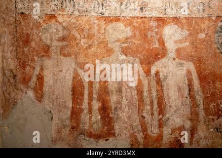 Große Wandmalerei aus dem 14. Jahrhundert, Legende von den drei Lebenden und den drei Toten, Kloster San Juan und San Pablo, Peñafiel, Valladolid Museum, Spanien. Stockfoto