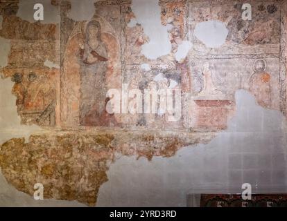 Große Wandmalerei aus dem 14. Jahrhundert, Legende der Heiligen Maria Magdalena, Kloster San Juan und San Pablo, Peñafiel, Valladolid Museum, Spanien. Stockfoto