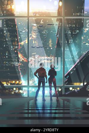 Ein Paar, einschließlich einer Frau, schaut auf ein futuristisches Sci-fi-Stadtbild mit hoch aufragenden Gebäuden, die durch ein großes Fenster gesehen werden, im digitalen Kunststil, illustr Stockfoto