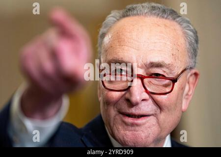 Washington, Usa. Dezember 2024. Chuck Schumer, D-NY, spricht während einer Pressekonferenz nach einem wöchentlichen Mittagessen im US-Kapitol in Washington, DC am Dienstag, den 3. Dezember 2024. Foto: Bonnie Cash/UPI Credit: UPI/Alamy Live News Stockfoto