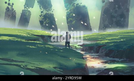 Ein futuristischer Soldat steht auf einem fremden Planeten, umgeben von schwimmenden Felsen, in einer surrealen Sci-fi-Landschaft unter einem dramatischen Himmel, im digitalen Kunststil Stockfoto