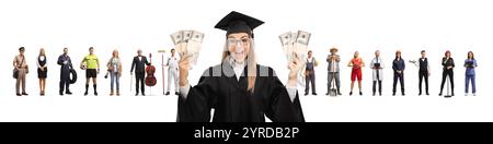 Absolventen halten Geld vor Menschen mit verschiedenen Berufen isoliert auf weißem Hintergrund Stockfoto
