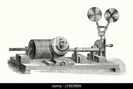 Ein alter Gravur eines frühen Zylinderphonographen der späten 1800er Jahre Es stammt aus dem viktorianischen Buch der 1890er Jahre über Sport, Spiele und Freizeit. Thomas Alva Edison (1847–1931) war ein US-amerikanischer Erfinder und Geschäftsmann, der als Amerikas „größter Erfinder“ bezeichnet wurde. Die Erfindung, die ihm zum ersten Mal Aufmerksamkeit erregte, war der Phonograph 1877. Sein erster Phonograph wurde auf Alufolie um einen gerillten Zylinder (hier Mitte hinter dem Mikrofon) aufgenommen. Trotz seiner begrenzten Klangqualität und der Tatsache, dass die Aufnahmen nur wenige Male abgespielt werden konnten, machte der Phonograph Edison zu einer Berühmtheit. Stockfoto