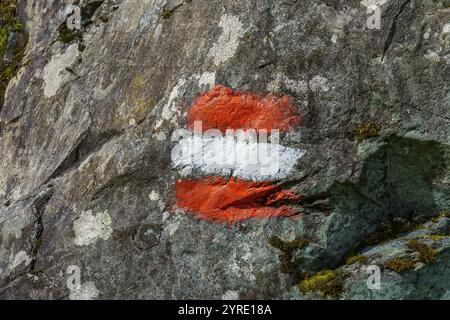 Felsen mit rot-weißen Markierungen, wahrscheinlich Wanderwegsschild, mittersill, hohe tauern, österreich Stockfoto