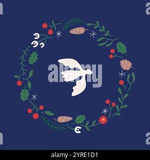 Winter Frieden Weihnachtskranz Komposition mit Tannenzweigen, Taube, Beeren, Blumen. Netter einfacher Vektorhintergrund für Karte, Fahne, Feiertagseinladung. Stock Vektor