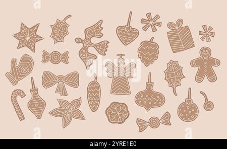 Weihnachtskuchenformen. Im Winter hausgemachte traditionelle Bäckerei. Flache Süßigkeiten Cartoon Vektor Illustration. Stock Vektor