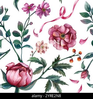 Nahtloses Blumenmuster mit Blättern und Band. Botanische Aquarellillustration auf weißem Hintergrund. Ornament ist geeignet für Frühlingsferien und f Stockfoto