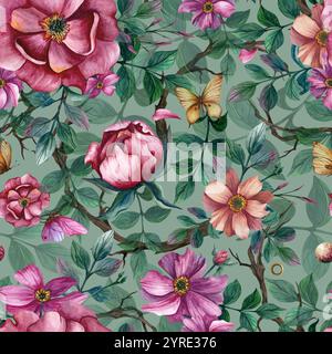 Blumenmuster mit Pfingstrosen und Schmetterlingen, Anemonen und Blättern. Aquarellabbildung isolierter Hintergrund. Ornament für Frühlings- und Sommerferien Stockfoto