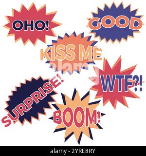 Set aus sechs Comic-Ballon-Sprechblasen im flachen Stil. Elemente von Design-Comic-Büchern mit verschiedenen Phrasen. Vektorabbildung Stock Vektor