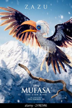 Mufasa: Der König der Löwen (2024) von Barry Jenkins mit Preston Nyman als Zazu. Eine epische Geschichte über Loyalität und Tradition in den Pride Lands. NUR FÜR REDAKTIONELLE ZWECKE des Posters mit US-Schriftzeichen. Quelle: BFA / Walt Disney Pictures Stockfoto