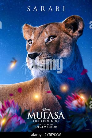 Mufasa: Der König der Löwen (2024) von Barry Jenkins mit Tiffany Boone als Sarabi. Eine mächtige Löwin, deren Stärke und Weisheit die Zukunft der Stolzländer prägen. NUR FÜR REDAKTIONELLE ZWECKE des Posters mit US-Schriftzeichen. Quelle: BFA / Walt Disney Pictures Stockfoto