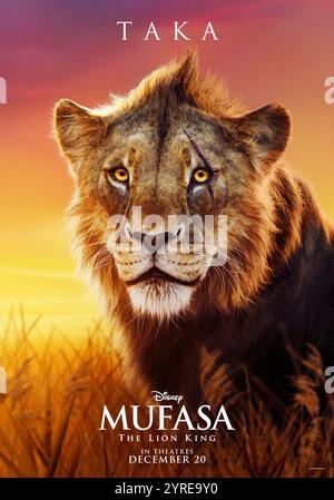 Mufasa: Der König der Löwen (2024) von Barry Jenkins mit Kelvin Harrison Jr. als Taka. Die Reise eines jungen Löwen durch das Pride Land zeigt die komplexen Ursprünge von Macht und Bruderschaft. NUR FÜR REDAKTIONELLE ZWECKE des Posters mit US-Schriftzeichen. Quelle: BFA / Walt Disney Pictures Stockfoto