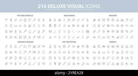 Essen und Diät, Lebensmittelgeschäft, Kochlinie Symbol Set. Küche Topf und Kochbuch Rezept, um Gericht des Abendessens, Backen Küchengeschirr, Tablett und Restaurant dünne schwarze Umrisssymbole Vektor Illustration Stock Vektor