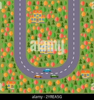 Plan des Dorfes. Landschaft mit Straße, Wald, Autos und Häusern. Vektorabbildung Stock Vektor