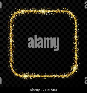 Goldener Glitzerrahmen. Quadrat mit abgerundeten Ecken Rahmen mit glänzenden Glitzern auf dunklem transparentem Hintergrund. Vektorabbildung Stock Vektor