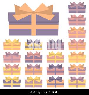 Sammlung von 20 mehrfarbigen Geschenkboxen. Vektorabbildung Stock Vektor