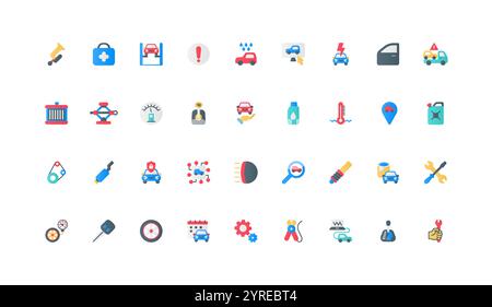 Autoreparatur- und Wartungsservice, Farbsymbole für Terminplanung. Transport des Abschleppwagens in die Garage nach Crash und Heben, Fahrzeugausrüstung und Teile flache Elemente Vektorillustration Stock Vektor