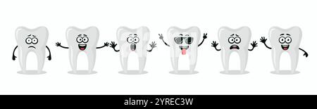 Niedliche Zahnfiguren, Die Unterschiedliche Emotionen Zeigen. Flache Vektor-Zahnillustration - Glückliche, Aufgeregte, Traurige, Verängstigte Ausdrücke. Niedliches Zahndesign Stock Vektor