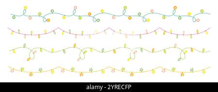 Weihnachtsgirlanden Zeichentrickrahmen Set. Glühbirne glühende Girlande Feiertag festliche Weihnachtsdekoration. Transparentes Vektorformat mit leuchtendem Lichteffekt für Webbanner und Postkarten isolierte Illustration Stock Vektor