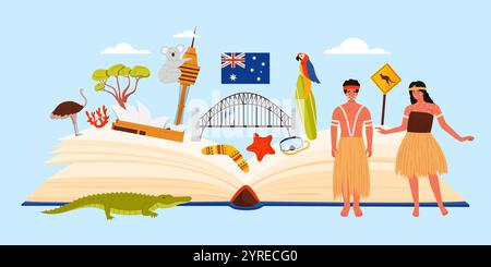 Kulturelle Elemente und berühmte Architektur für Australien Studie. Öffnen Sie ein großes Buch und Collage von australischen Sehenswürdigkeiten für Touristen, Stammesleute und wilde Tiere Cartoon Vektor Illustration Stock Vektor