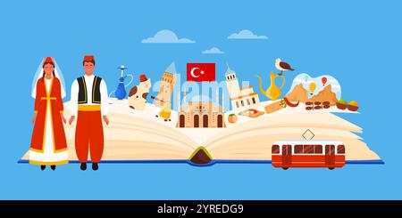 Reisen Sie in die Türkei, türkische Menschen und kulturelle Elemente, Wahrzeichen in Infografik-Collage. Istanbul historische Architektur und traditionelles Essen, Wasserpfeife auf offener Reiseführer Cartoonvektor Illustration Stock Vektor