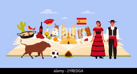 Reisen Sie nach Spanien, kulturelle Elemente, Speisen und Wahrzeichen der Landesstudie in Infografik-Collage-Banner mit großem offenem Reiseführer, Spaniern und Flagge, Sagrada Familia Comic Vektor-Illustration Stock Vektor