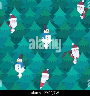 Weihnachtsmuster mit Weihnachtsmann und Schneemann im Wald Stock Vektor