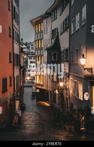 Ein malerischer Blick auf Zürichs Straßen mit dem Fluss, berühmten Wahrzeichen und Kirchen, die den Charme der Stadt einfangen. Stockfoto