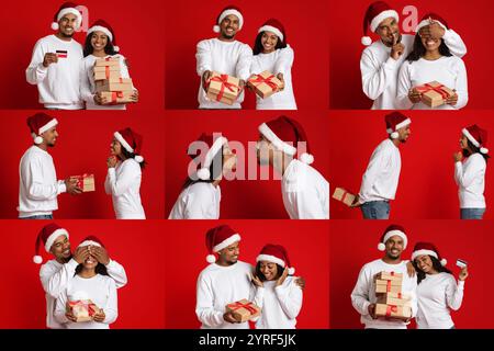 Paare feiern Weihnachten und Neujahr 2025 mit Geschenken und Liebe in Collage Stockfoto