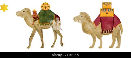 Kamel mit Satteldecken und Truhen mit Geschenken Weihnachten Aquarell Illustration. Handgemalter nahtloser Rand für Karten, Poster, Aufkleber, Klebeband Stockfoto