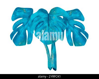 Das ist ein atemberaubendes Design mit einem blauen Monstera-Blatt, das perfekt für tropische Kunst und Dekor ist. Isoliertes Element mit Wasserfarbe auf weißem Hintergrund. Stockfoto