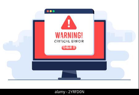Ausrufezeichen-Symbol auf dem Computerbildschirm, Systemfehler, Systemsicherheitswarnung, Cyberkriminalität, Sicherheitsanfälligkeit, Computervirus, Ransomware, oder Bug, Stock Vektor