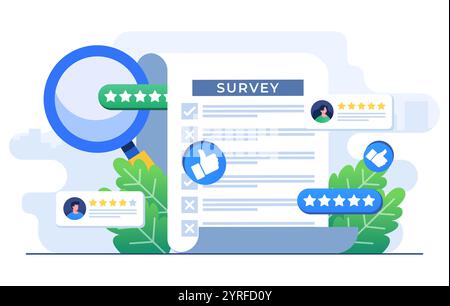 Umfragekonzept flache Illustration Vektorvorlage, Ausfüllen des Tests im Kundenumfrageformular, Kundenerfahrungen und Zufriedenheitskonzept für Landing-Page Stock Vektor