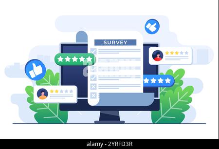 Online-Umfragekonzept flache Illustration Vektorvorlage, Ausfüllen des Tests in Kundenumfrageformular, Kundenerfahrungen und Zufriedenheitskonzept für landi Stock Vektor