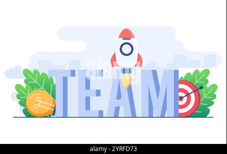 Team Infografik Konzept flache Illustration Vektorvorlage, Teamarbeit zum Erreichen von Geschäftszielen, neues Geschäftsprojekt, Partnerschaft, Zusammenarbeit, Soluti Stock Vektor