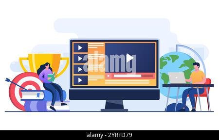 Online-Bildungskonzept flache Illustration Vektorvorlage, Fernunterricht, Seminare und Webinar, Online-Kurse auf dem Bildschirm, Online-Kurs Stock Vektor
