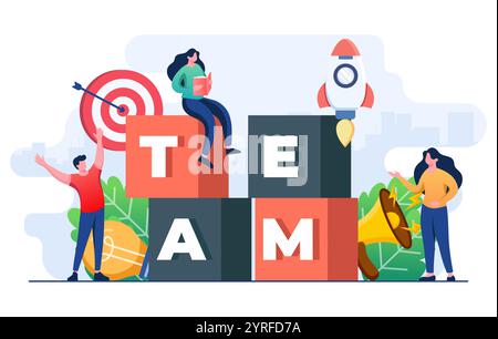 Geschäftsleute arbeiten zusammen und bewegen sich auf dem Weg zum Erfolg, Teamarbeit zum Erreichen von Geschäftszielen, Diskussion über neues Geschäftsprojekt, Partnerschaft, Co Stock Vektor